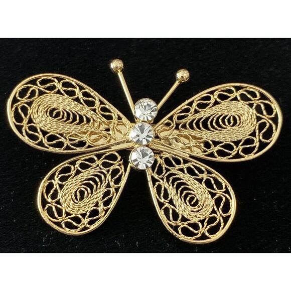 Gold Filigree 3 Rhinestones For Body Butterfly 2” Pin Brooch - Picture 1 of 5